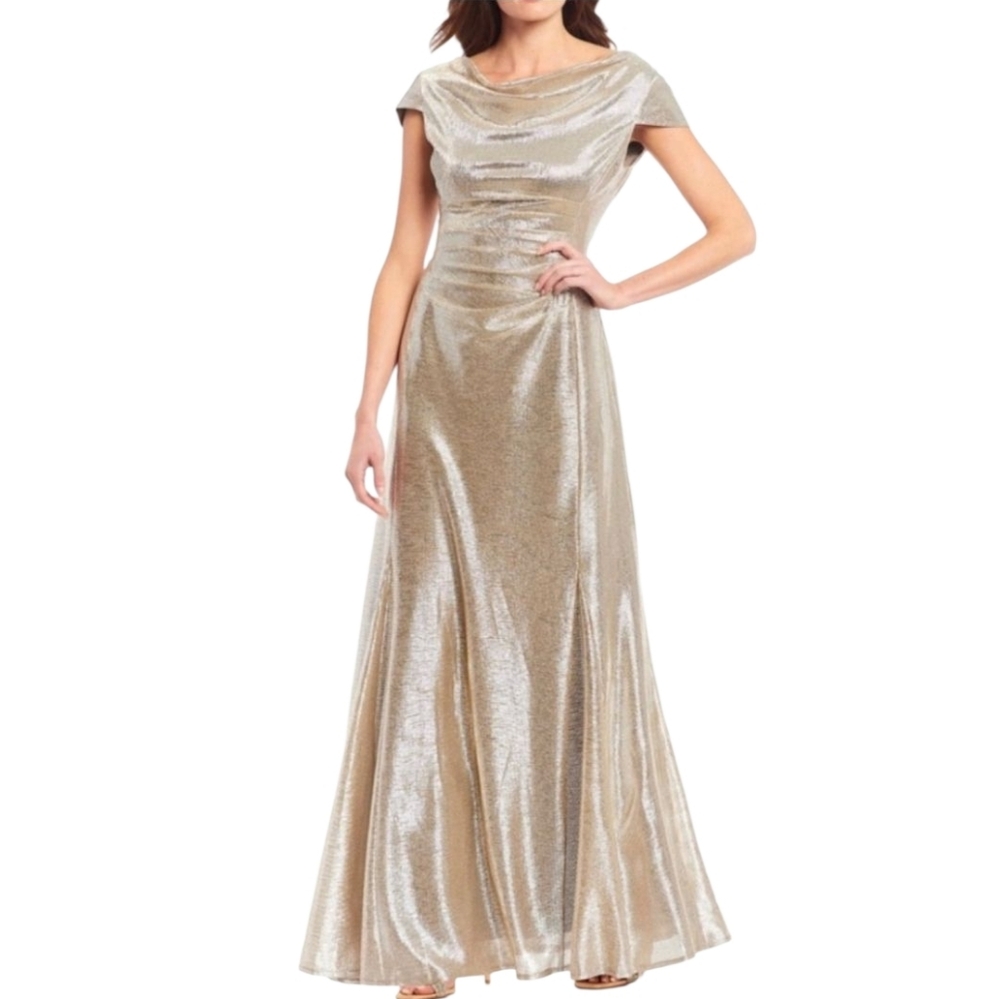Nwot Tahari Silver/Taupe Metallic Draped Neck Sleeveless Flowy Evening Gown